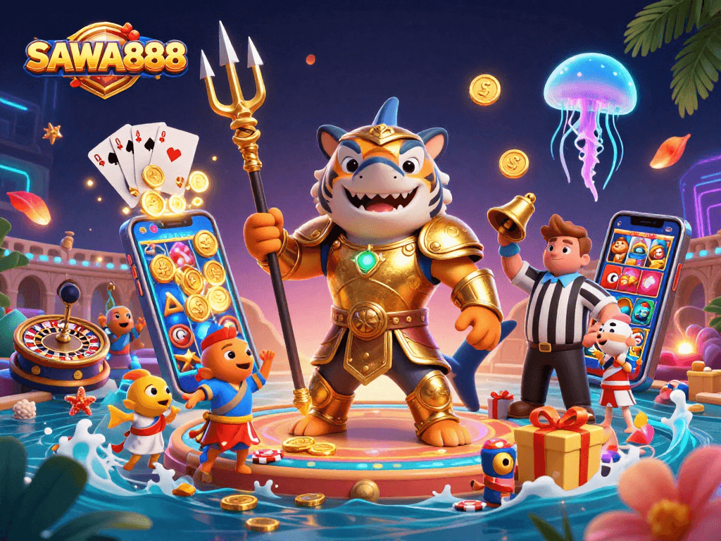 Experience top-tier gaming at SAWA888 with a vibrant underwater scene featuring a tiger shark and thrilling slot games.