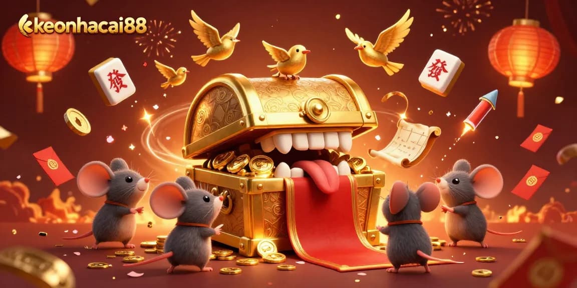 Engage with keonhacai88's thrilling casino adventure featuring a golden treasure chest and lucky symbols.