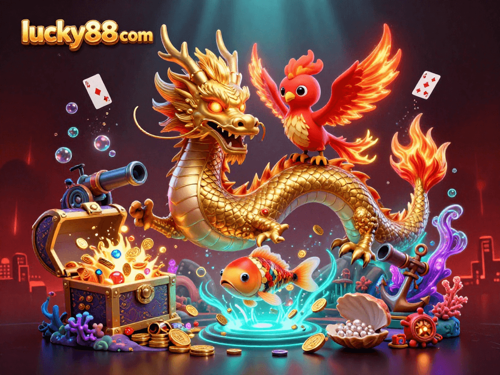Win big with lucky88com's thrilling dragon adventures in this vibrant casino scene!