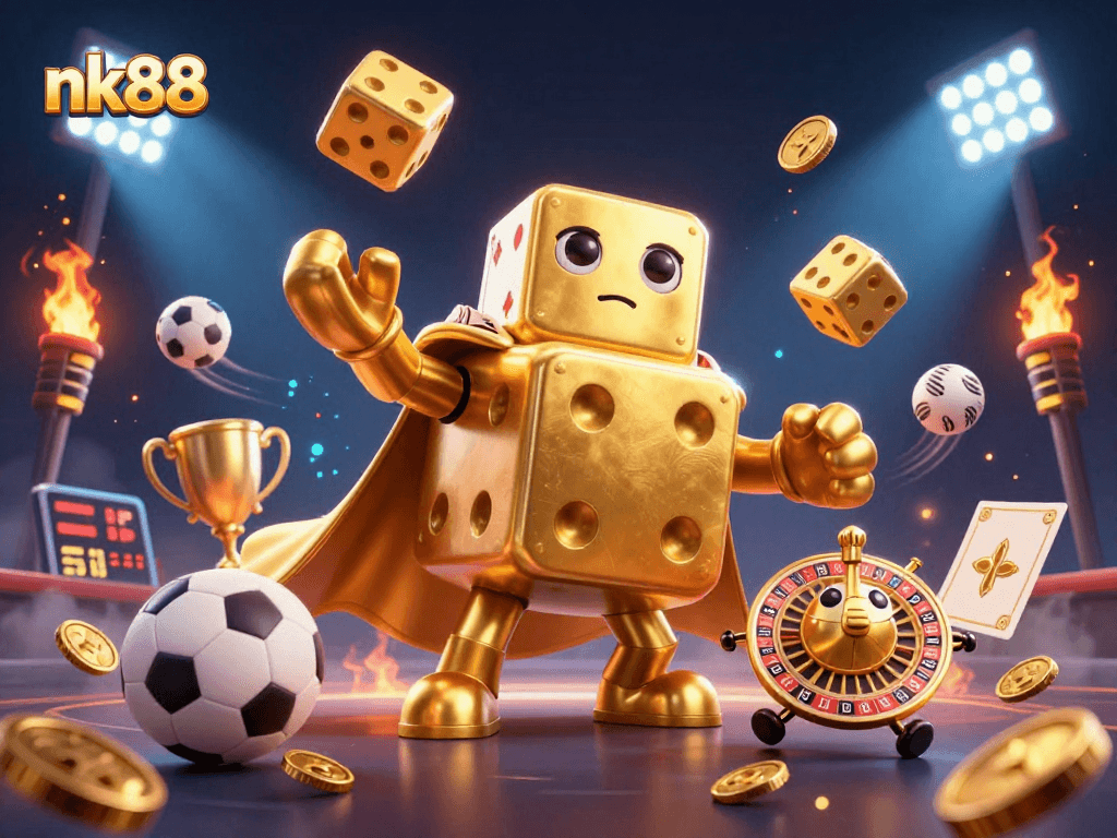 Play at nk88 with exciting golden dice characters juggling and dynamic gaming elements.