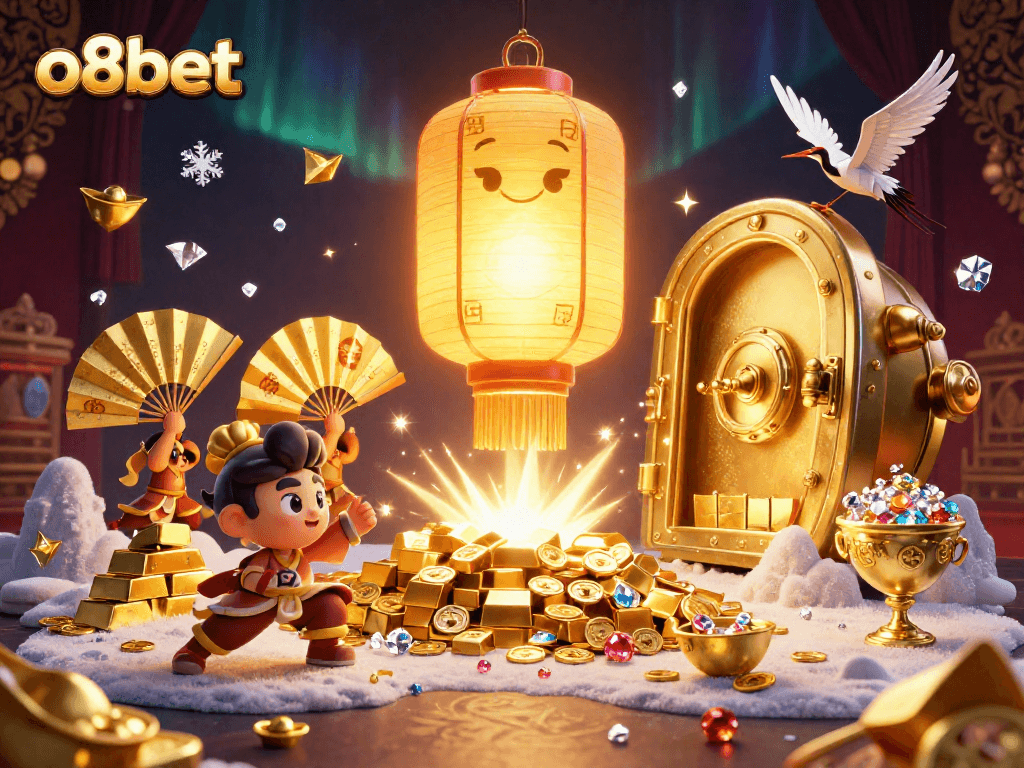 Play exciting games with o8bet featuring golden treasures, lucky symbols, and vibrant casino elements.