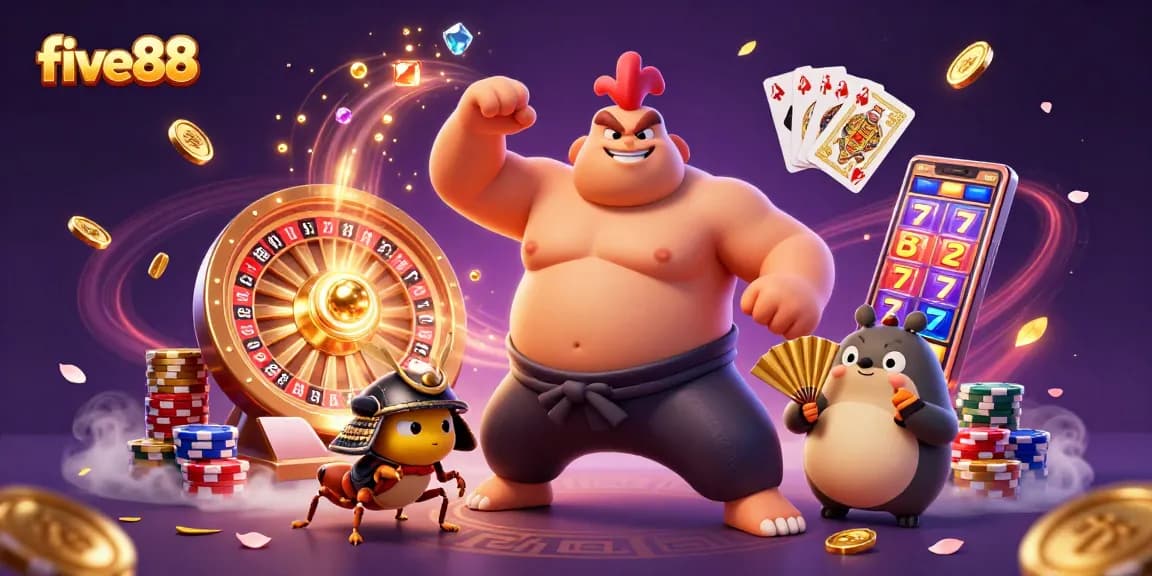 Experience the thrill of five88 casino with a dynamic 3D illustration showcasing exciting gaming elements.