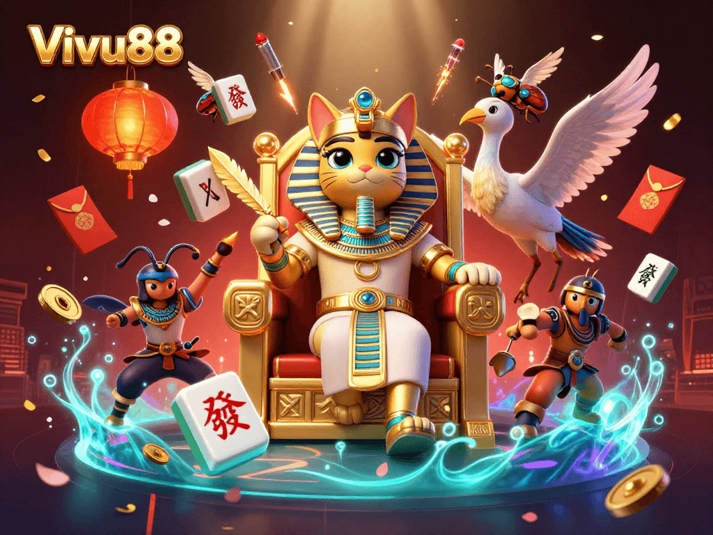 Join the action at Vivu88 with a lively 3D scene featuring a pharaoh cat and game elements showcasing thrilling casino entertainment.