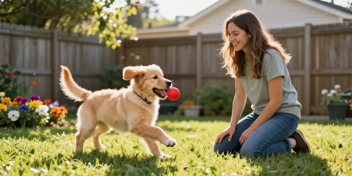 Puppy chasing a ball with owner in backyard, rokok88 playful moment.