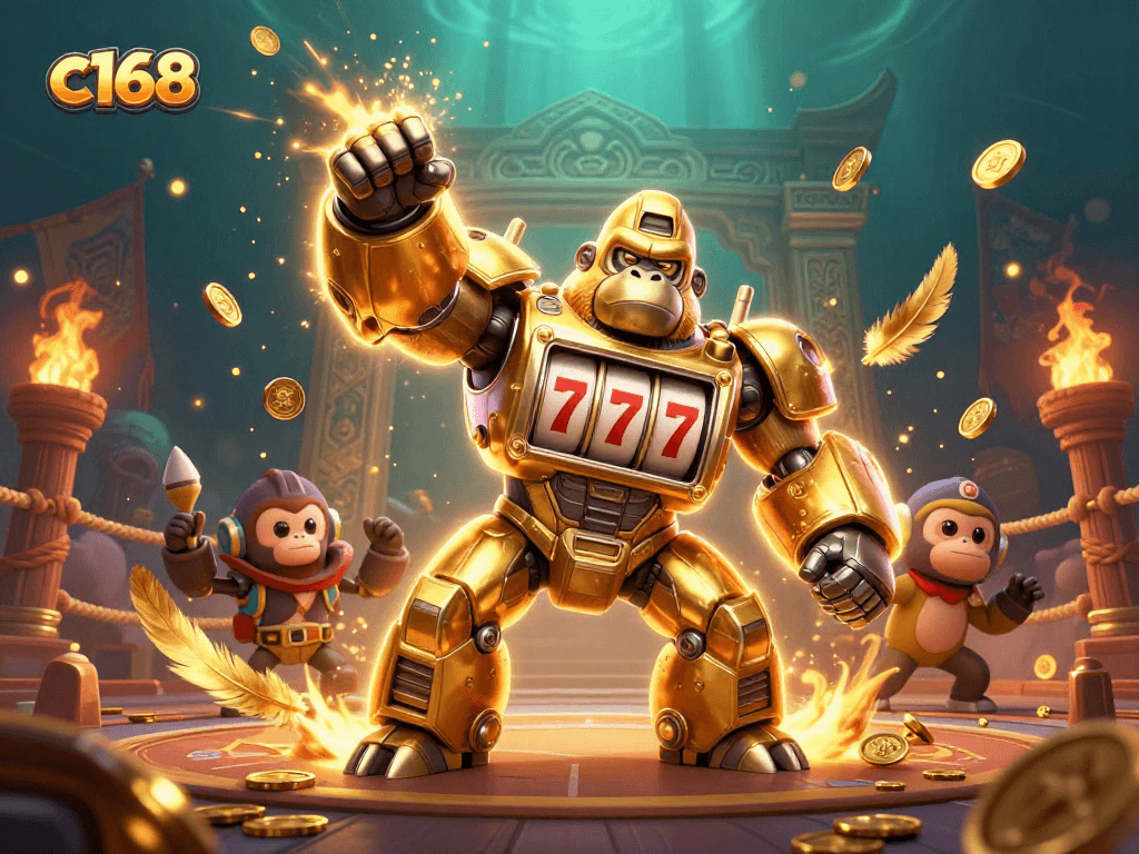 Experience thrilling wins at c168 with a dynamic scene featuring a golden gorilla mech smashing coins as players celebrate.