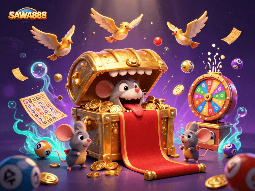 Experience excitement with SAWA888, featuring a treasure chest and lottery elements in a vibrant casino scene.