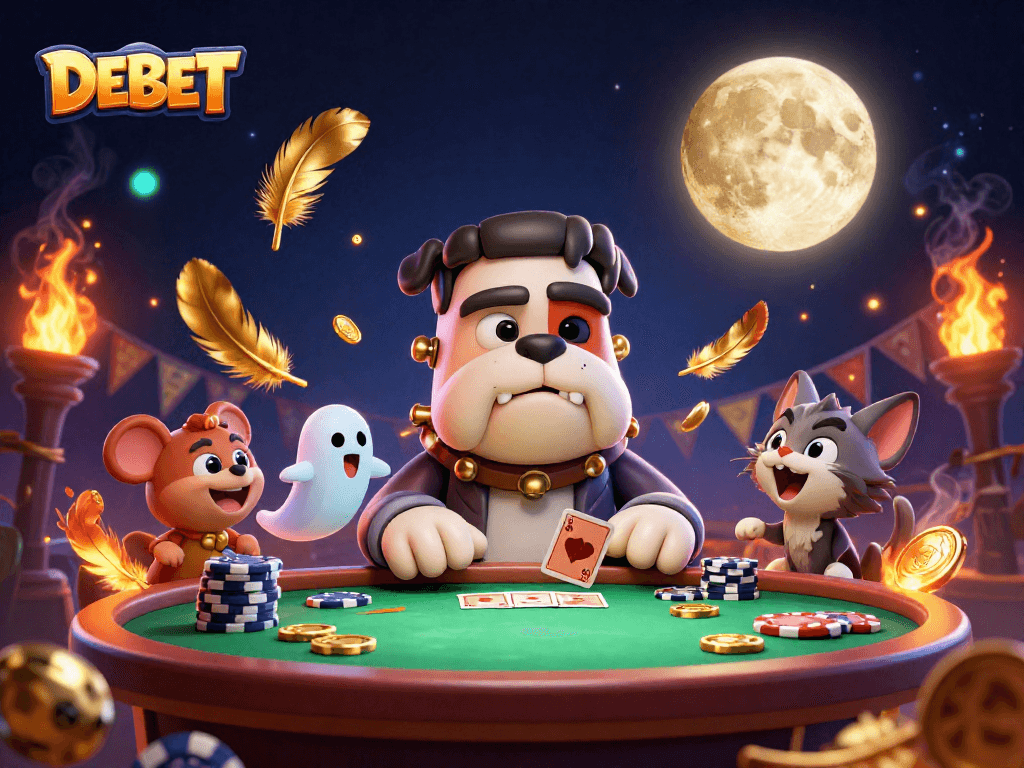 Join the excitement in the DEBET casino scene with a quirky bulldog dealer and playful characters.