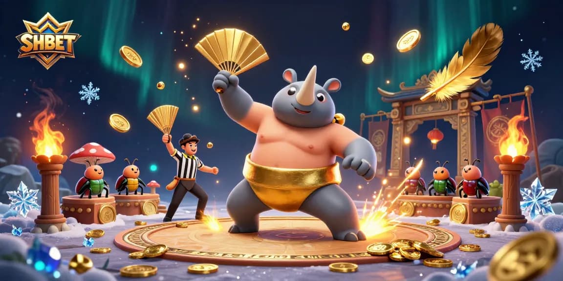 SHBET unleashes winning excitement as the sumo champion beetle stomps amidst golden coins in a vibrant casino scene.