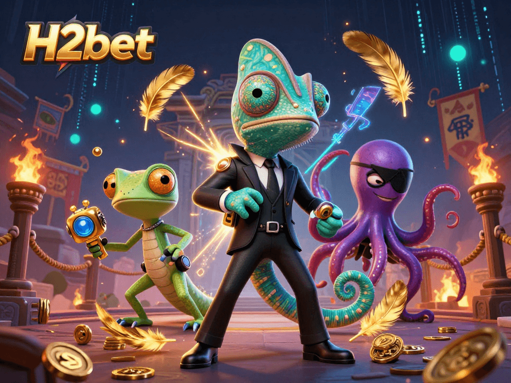 Experience the thrill of H2bet with a dynamic 3D casino adventure featuring vibrant characters and energetic elements.