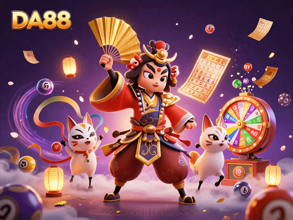 DA88 engages players with colorful lottery elements and vibrant character action in a mesmerizing casino scene.