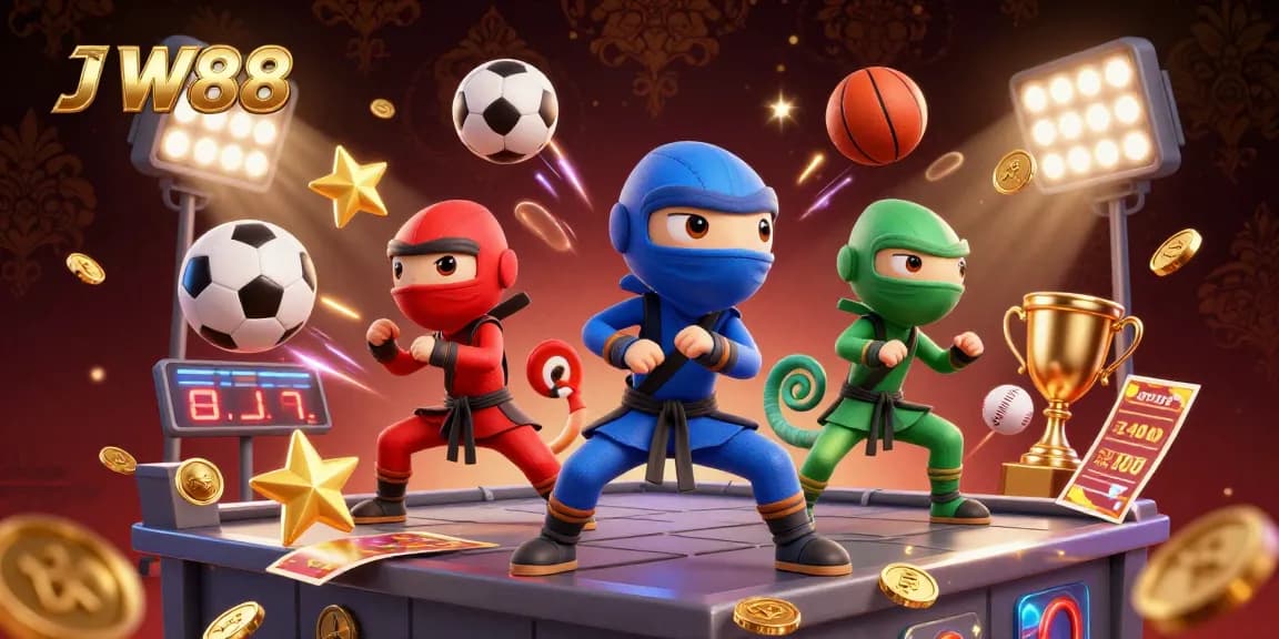 Engage in the thrilling action of J W88 with a vibrant scene featuring ninja chameleons and dynamic sports elements.