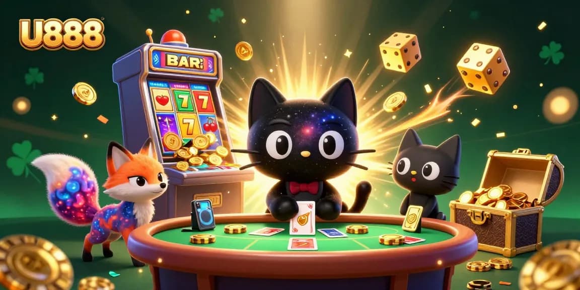 Engage in thrilling gameplay with U888's dynamic cosmic casino scene featuring a black hole cat and colorful fox.