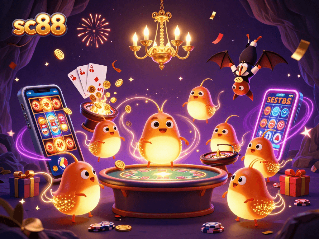 sc88 charms with a vibrant glowworm casino scene lighting the gaming tables
