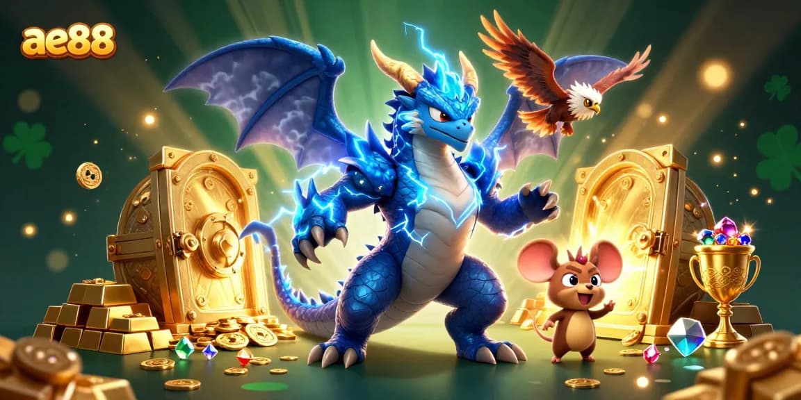 Engage in thrilling adventures at ae88 with vibrant casino elements and characters amidst glittering treasures.