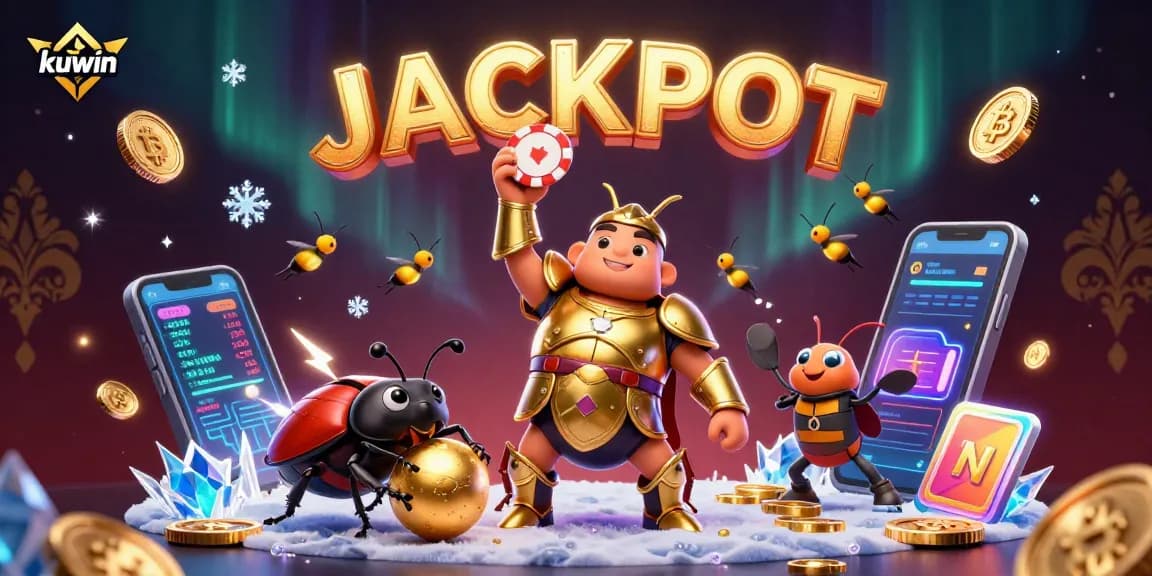 Engage in kuwin casino action with a victorious beetle character amidst vibrant game elements.