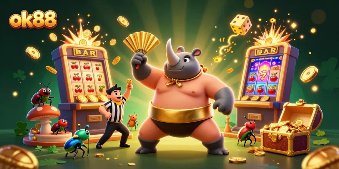 Experience excitement at ok88 as the rhinoceros beetle champion stomps golden coins in a dynamic casino scene.