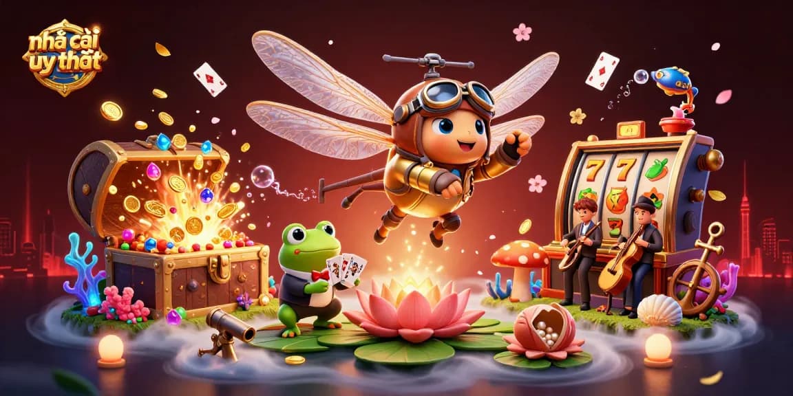 Engage with nhà cái uy tín through this vibrant 3D casino scene of a dragonfly pilot and frog dealer.