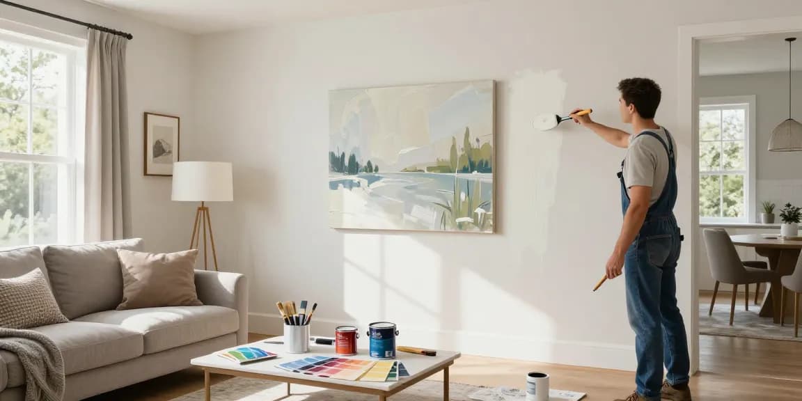 Professional lincoln painter skillfully transforming a living room with fresh paint and decor.