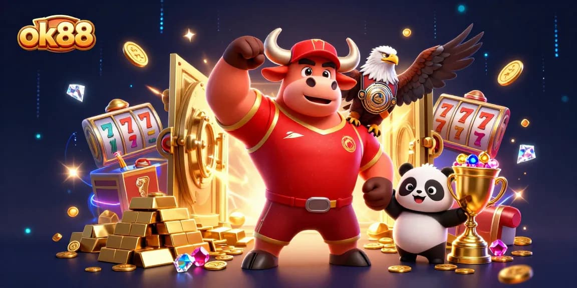 Experience thrilling moments at ok88 with our vibrant 3D casino scene featuring a victorious bull mascot.