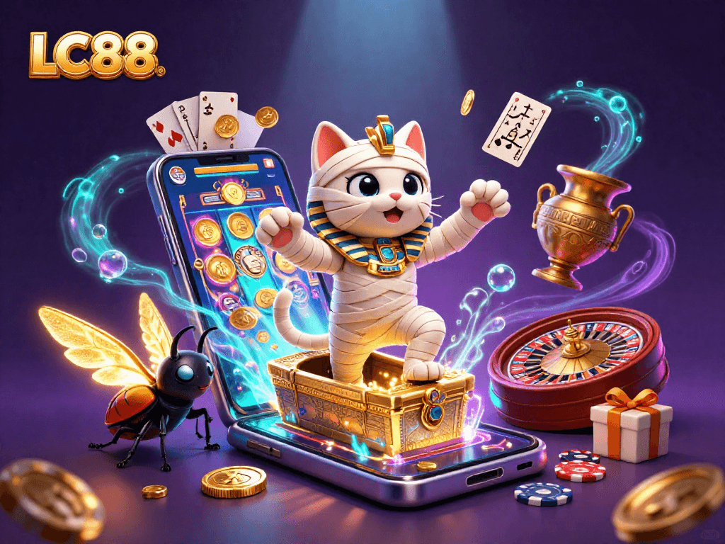 Experience high-stakes gaming with LC88, featuring vibrant casino elements in a colorful scene.