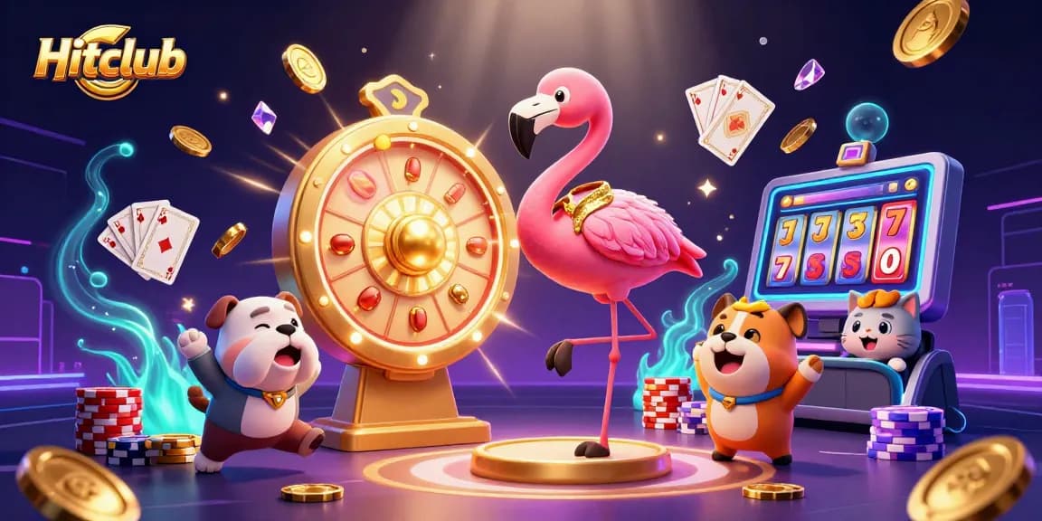 Hitclub showcases thrilling casino fun with a flamingo game show host, lively bulldog, and prize wheel.