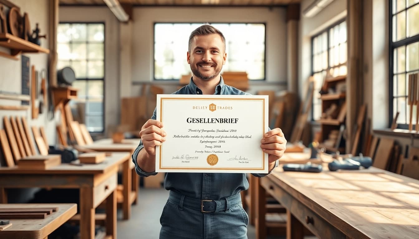 Tradesperson proudly holding a gesellenbrief in a workshop environment, symbolizing skilled craftsmanship.
