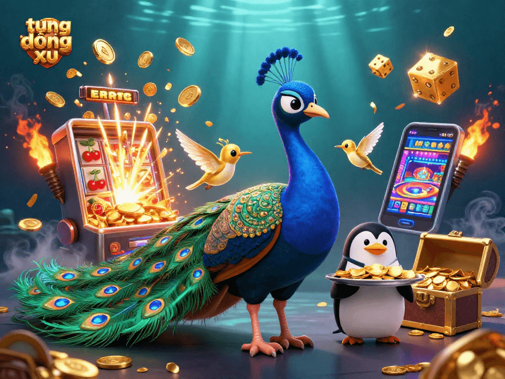 Engage in the thrilling game of tung đồng xu with gem-encrusted peacock and dazzling casino elements.