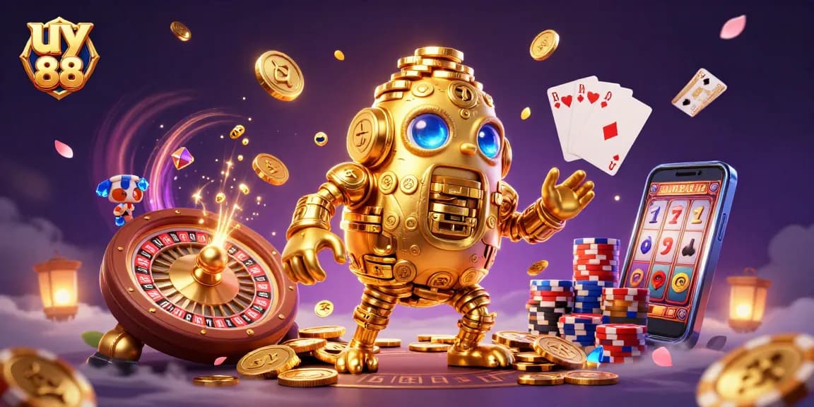 Spin to win at uy 88 with slot reels and golden golem surrounded by spectacular casino elements.