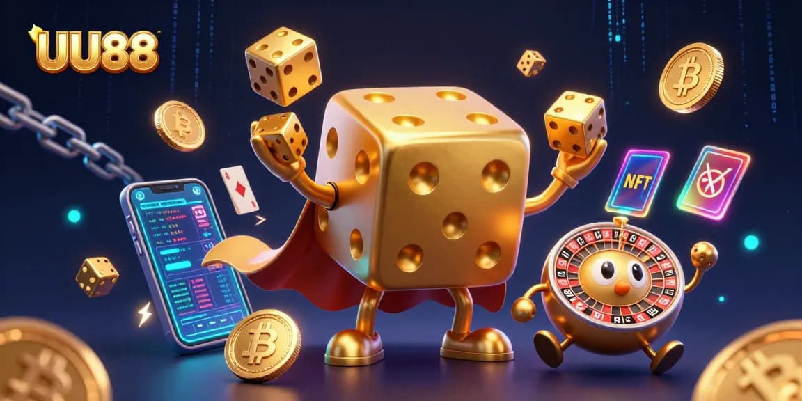 UU88 showcases a golden dice golem juggler in a thrilling crypto casino adventure.
