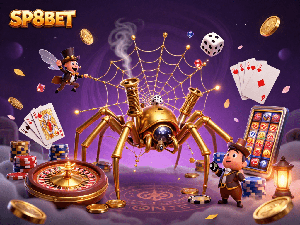 Experience thrilling gaming at SP8BET with a captivating steampunk scene filled with golden elements and casino excitement.