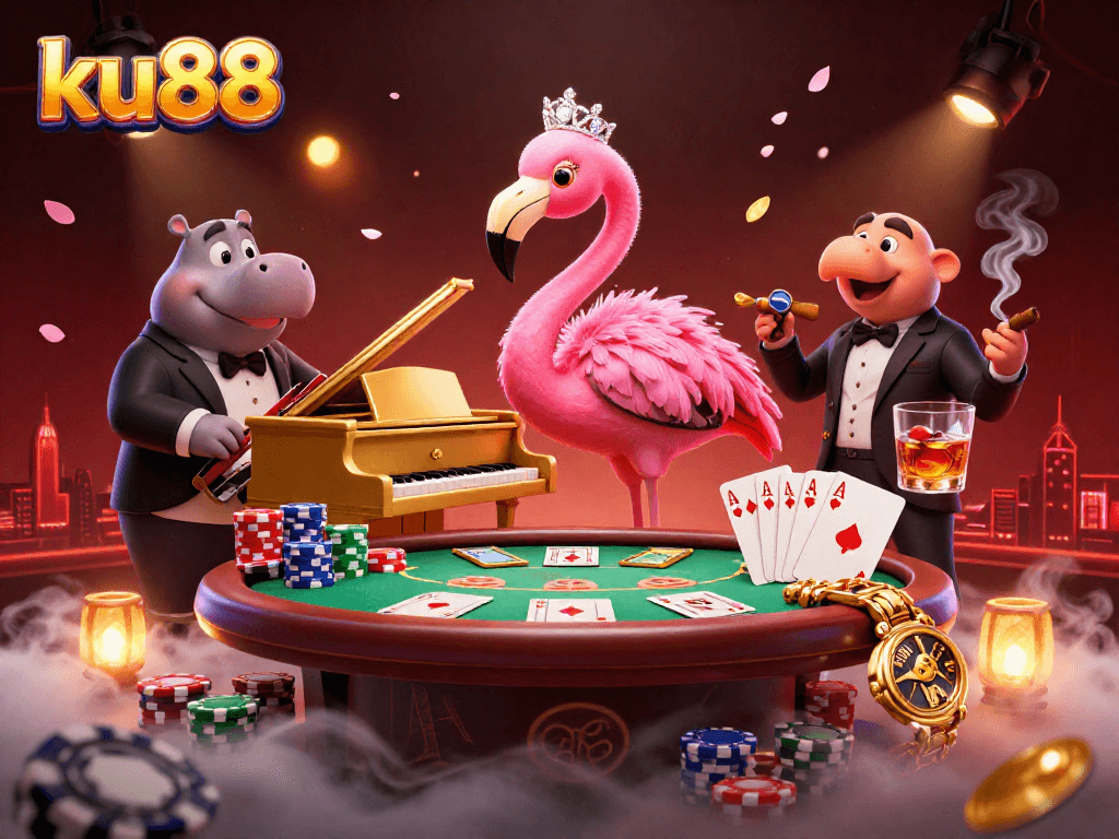 ku88 captures a vibrant casino scene with colorful chips and a musical flamingo, enticing players.