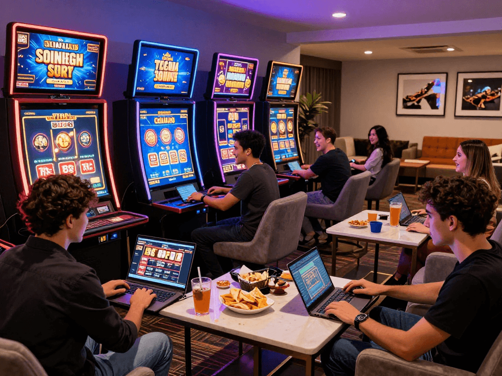 Friends enjoying games at GB444 online casino with excitement and colorful ambiance.