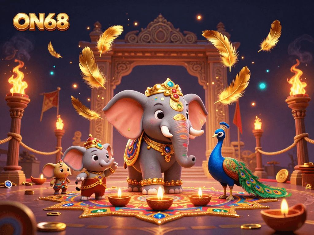 Experience ON68 in vibrant casino action, showcasing a lively 3D elephant and peacock amidst thrilling elements.