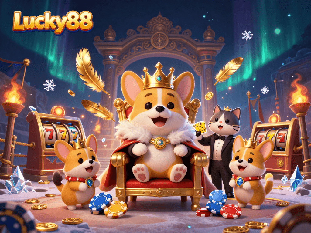 Experience Lucky88's vibrant casino world with an enthralling 3D illustration featuring a royal corgi and dynamic slot reels.