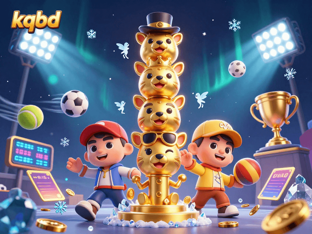 KQBD scores live updates with a golden totem and sports balls in a dynamic 3D environment.