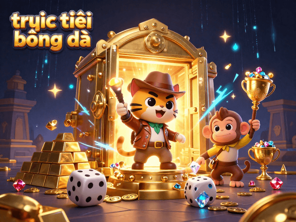 Experience trực tiếp bóng đá with a dynamic illustration of an explorer in a casino-themed treasure hunt.