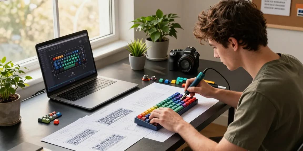 Assembling a custom 68 keyboard with keycaps and switches in a modern workspace.