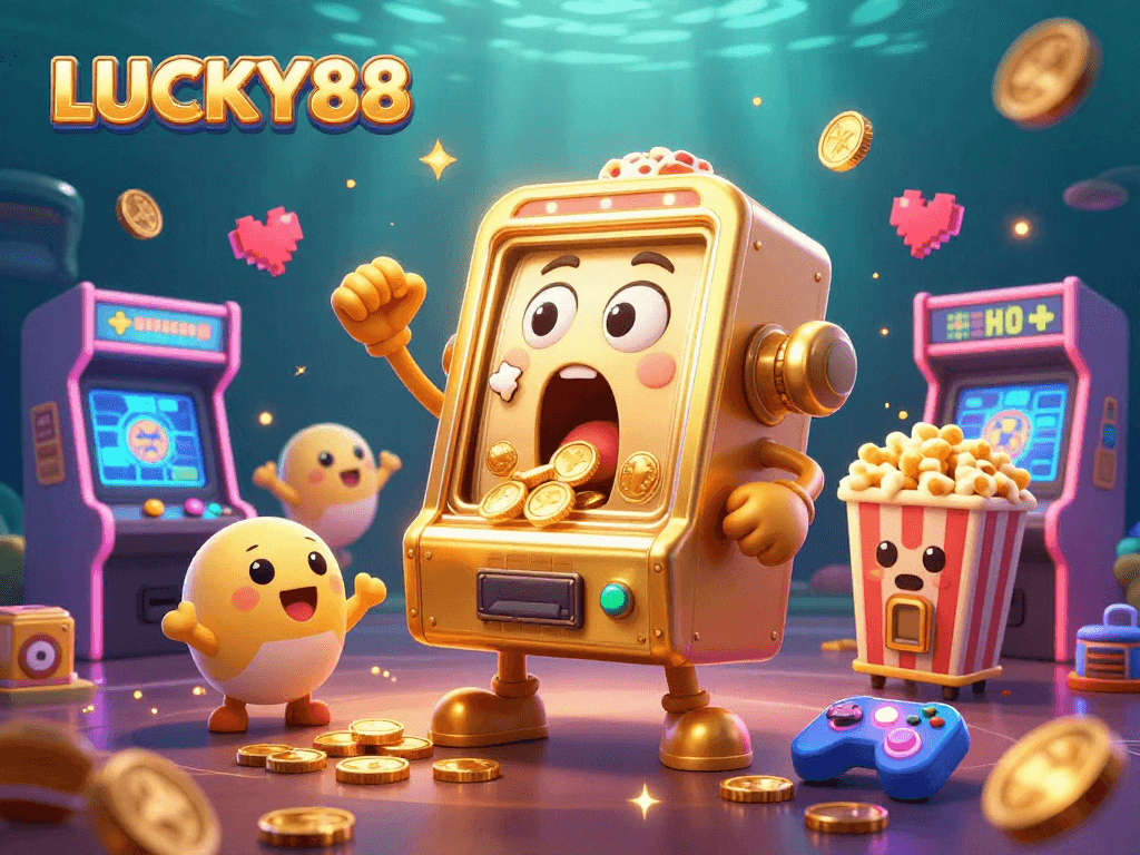 LUCKY88's joyful slot machine celebrates a jackpot with cheering baby slots and a popcorn machine in a vibrant casino scene.