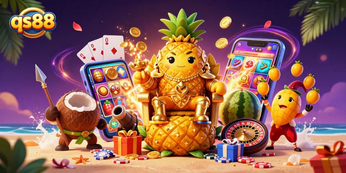 qs88 players enjoy thrilling slot games and vibrant casino elements in a colorful scene