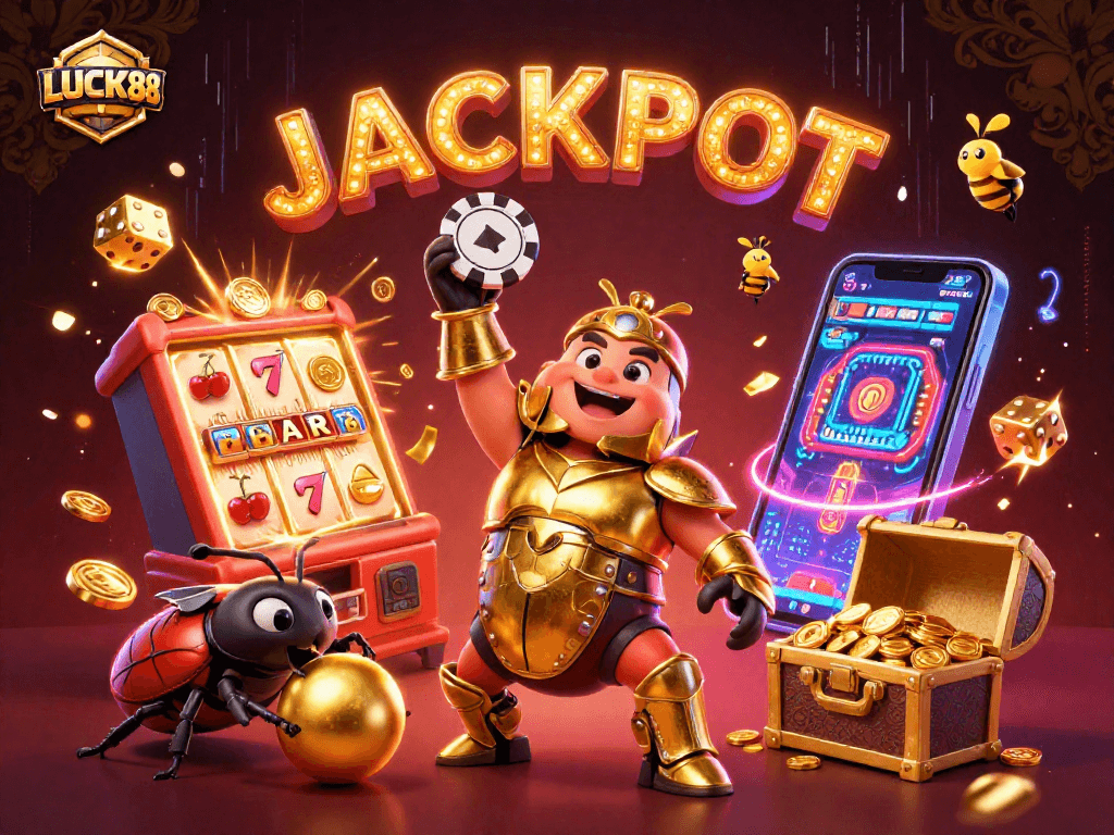 Engage with LUCKY88's thrilling casino scene featuring vibrant characters and dazzling jackpot elements.