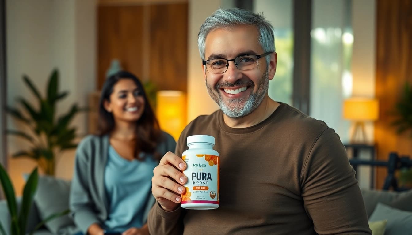 Pura Boost supplement bottle held by a confident man symbolizing vitality and enhanced performance in a warm living room.