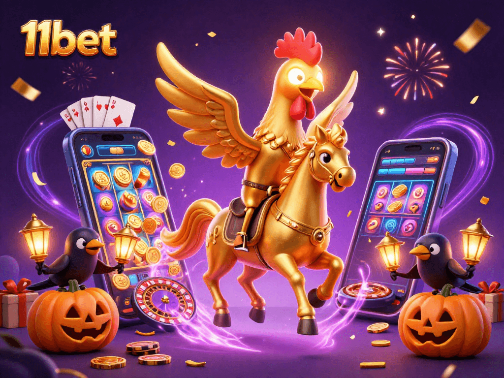 Engage in thrilling casino action with 11bet featuring a golden rooster and magical elements.