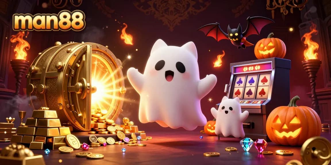 Experience the thrill of man88 with a ghost cat and vampire bat in a haunted casino scene.