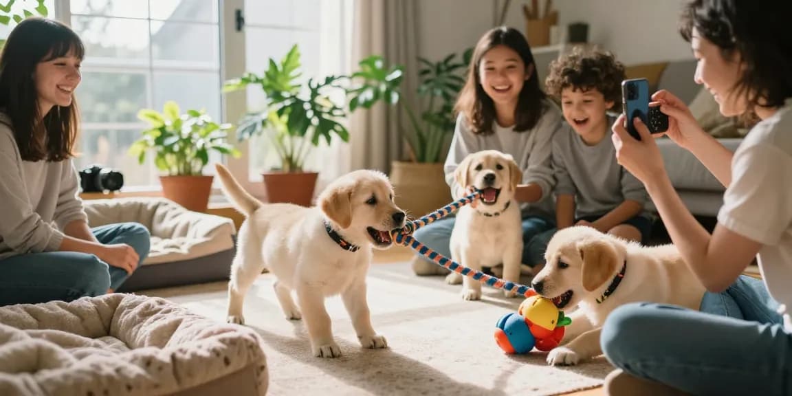 Playful Labrador breeders showcasing happy puppies interacting with a family