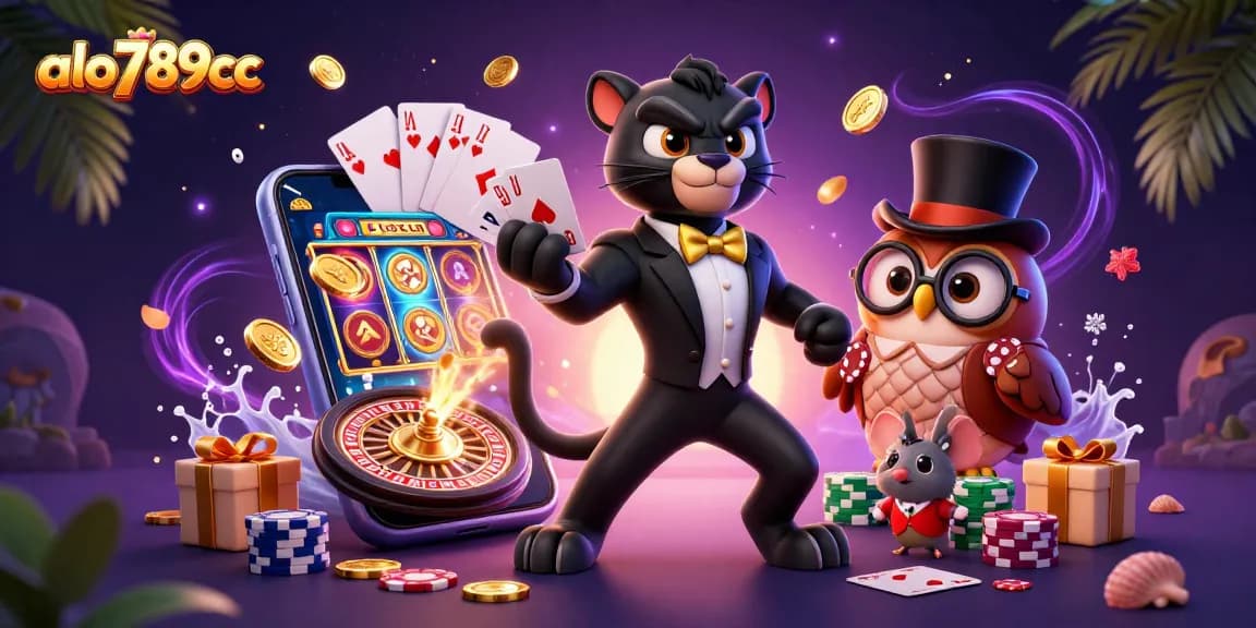 Experience the thrill of winning at alo789bcc with a stylish panther dealing cards amidst colorful casino games.
