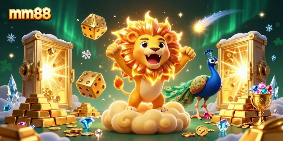 Experience big wins with mm88, where a roaring lion and golden dice ignite the casino atmosphere.