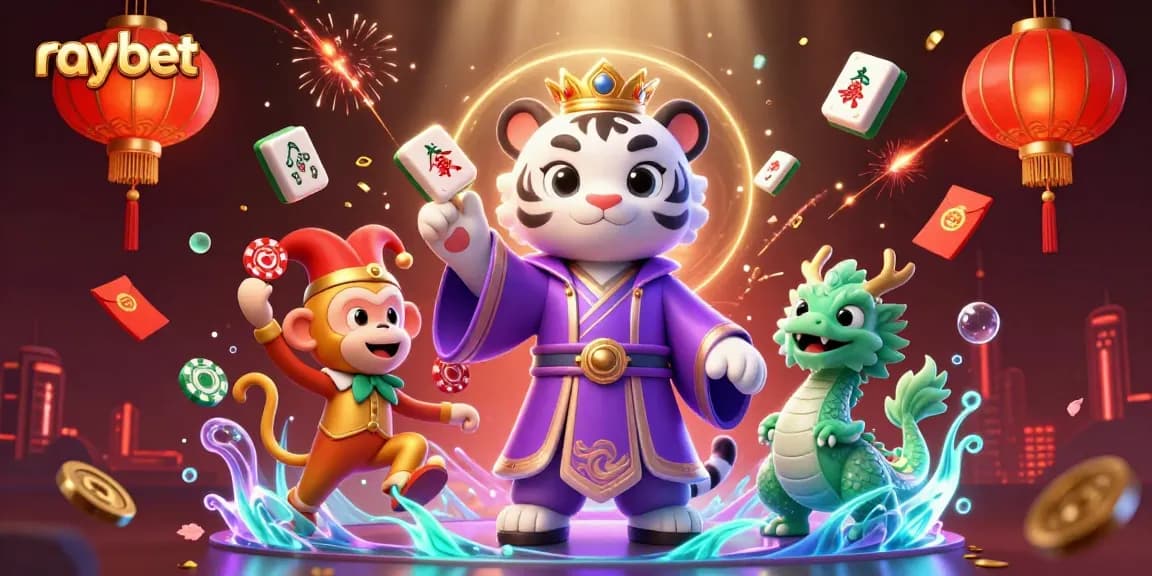 Experience raybet's vibrant casino energy with a playful scene featuring a tiger, monkey, and dragon.