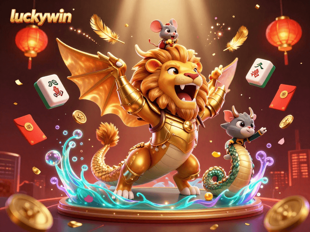 Experience thrilling gameplay at luckywin with a dynamic casino scene featuring a golden chimera and vibrant game elements.