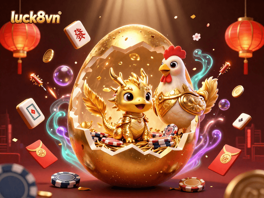 Luck8vn showcases a baby dragon emerging from a golden egg in a vibrant 3D casino adventure.
