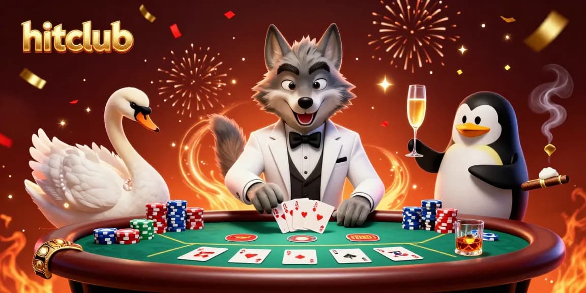 Hitclub showcases an engaging scene with a debonair wolf, elegant swan, and sophisticated penguin in a vibrant casino.
